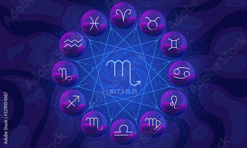 Image of zodiac wheel or circle with twelve zodiac sign symbols closed in glass spheres. Astrological calendar isolated on night starry sky with scorpio sign and date range in the center.