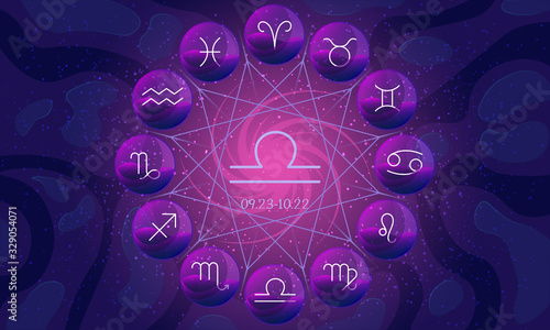 Image of zodiac wheel or circle with twelve zodiac sign symbols closed in glass spheres. Astrological calendar isolated on night starry sky with libra sign and date range in the center.