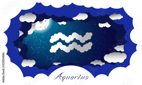 Aquarius sign in cloud style. Zodiac signs. Paper cut out style illustration of aquarius symbol on starry sky illuminated by full moon and surrounded by clouds with sign and constellation name 