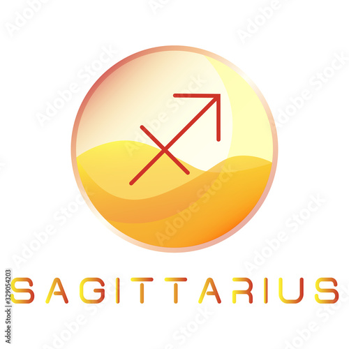 Sagittarius sign icon. Zodiac sign encapsulated in yellow glass ball with sign name isolated on white background