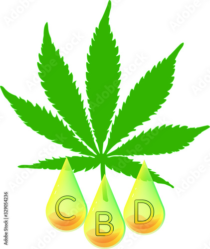 Marijuana leaf with CBD letters encapsulated in oil drops.