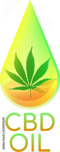 CBD oil icon with a marijuana leaf encapsulated in yellow-green oil drop. 
