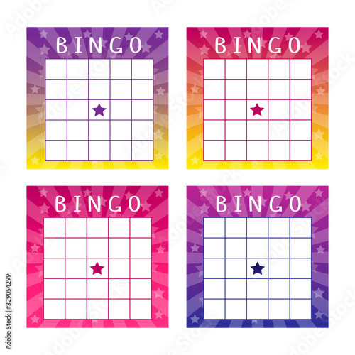 Collection of multicolored tickets for american bingo game. Fun templates with glowing background with stars. Vector illustration