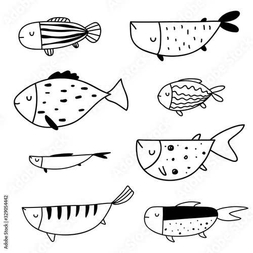 Vector black and white hand-drawn contour children`s set with different fish in the Scandinavian style on a white background. Children's coloring book with fish. Undersea world. Sea inhabitants.