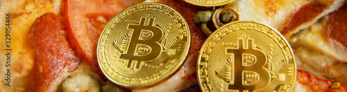 Bitcoin Pizza Day 22 May. Cryptocommunity holiday. concept of buying pizza with bitcoin. photo