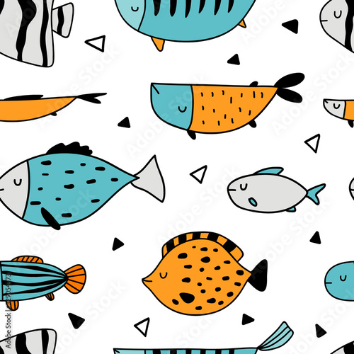 Vector seamless repeating color hand-drawn linear ink doodle children pattern with different fish in scandinavian style on a white background.Pattern with doodles of fish. Underwater,aquarium