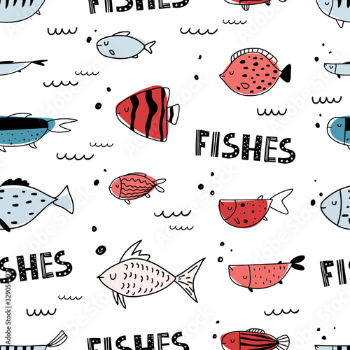 Vector seamless repeating color hand-drawn linear ink doodle children pattern with different fish in scandinavian style on a white background.Pattern with doodles of fish. Underwater,aquarium