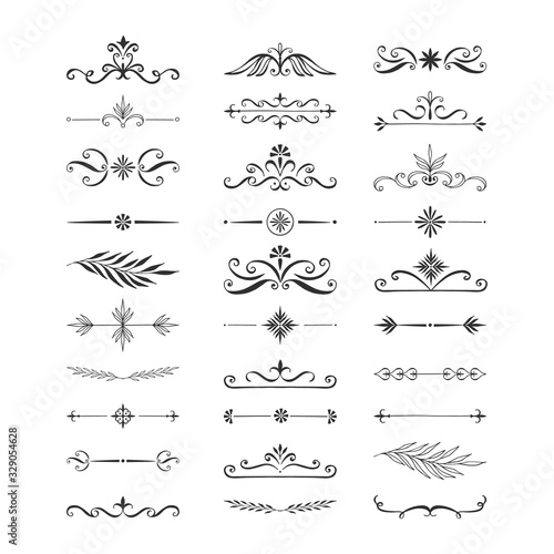 Set of hand drawn dividers, borders, frames, lines. Elegant vintage design elements. Vector isolated illustration.