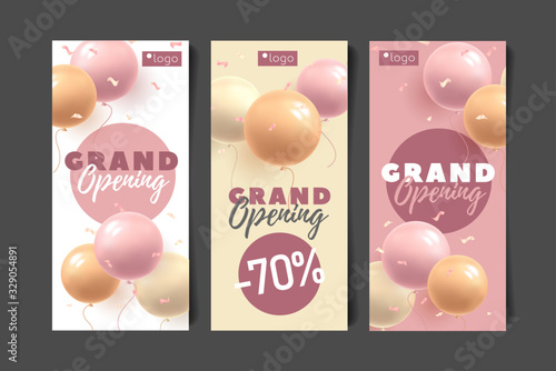 Set of invitation flyers for grand opening of shop or event with discount, round shape balloons 3d vector illustration and typography, pink girlish gentle style