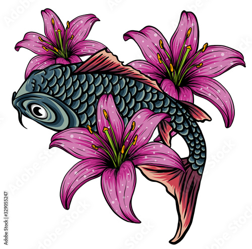 hand drawn koi fish with flower tattoo for Arm.Colorful Koi carp with Water splash