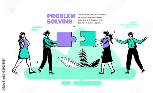 team solving problem with jigsaw and discussion vector