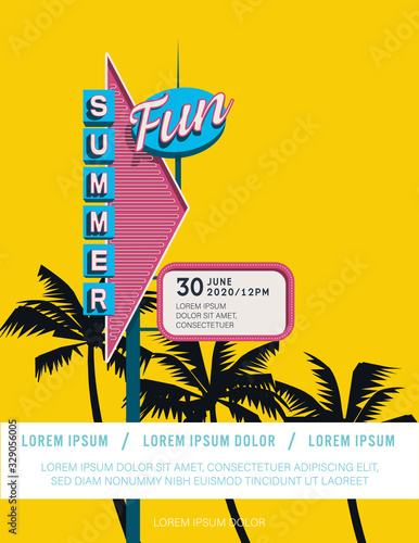 Summer party or festival poster vector template with retro motel sign and palm trees in background.