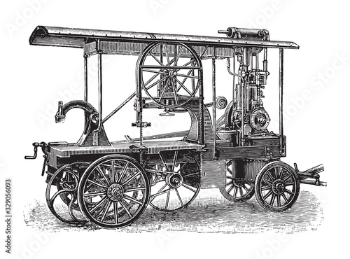 Old petroleum locomobile / vintage illustration from Brockhaus Konversations-Lexikon 1908