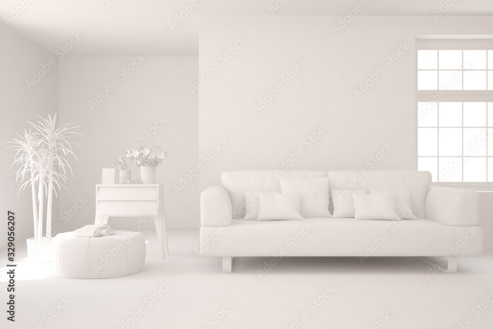 Mock up of minimalist living room in white color with sofa. Scandinavian interior design. 3D illustration Mock up of minimalist living room in white color with sofa. Scandinavian interior design. 3D illustration