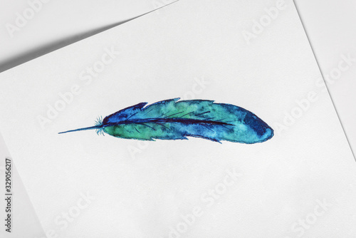 Watercolor drawing of feather on white textured surface paper sheet. One of the symbols of bird, fly, air, wings, freedom and love. © Erik Nurshin