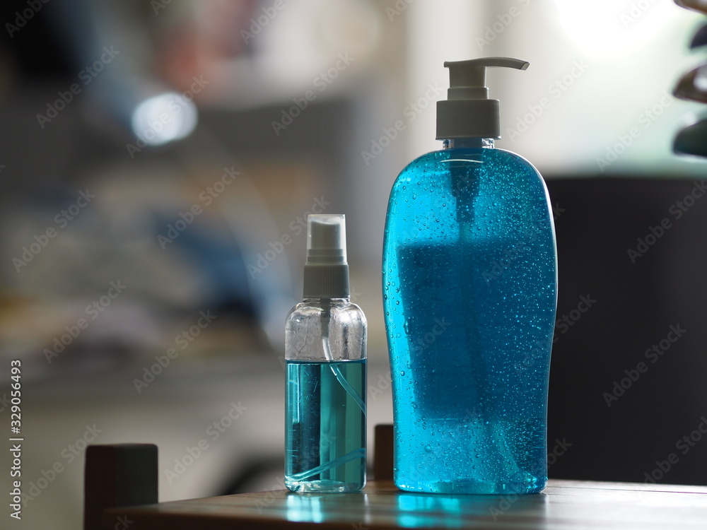 gel bottle using a hand wash and Alcohol 75% in a spray tube placed on the table, prevent germs protect virus covid 19, health care office gel bottle using a hand wash and Alcohol 75% in a spray tube placed on the table, prevent germs protect virus covid 19, health care office