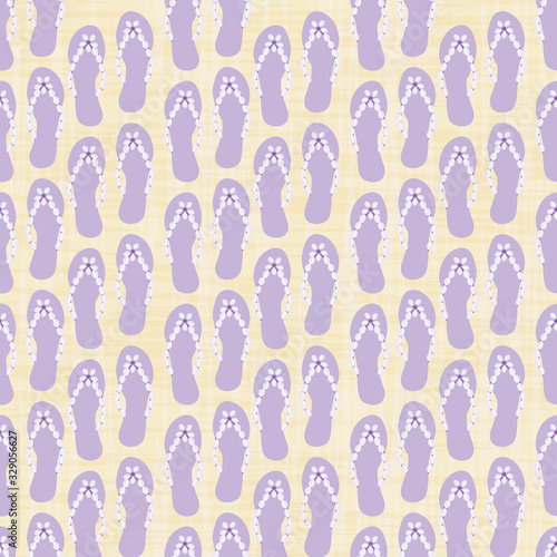 Flip flop shoe on beach seamless vector pattern background. Pretty sandals vertical linear geometric backdrop. Pastel purple and gold. Summer all over print for tropical oceanside resort concept