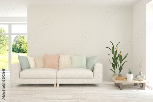 Modern living room in white color with sofa. Scandinavian interior design. 3D illustration