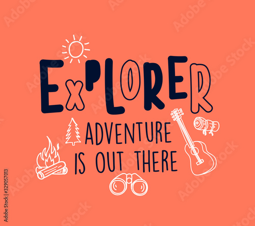 Hand drawing camping elements and slogan vector illustration.