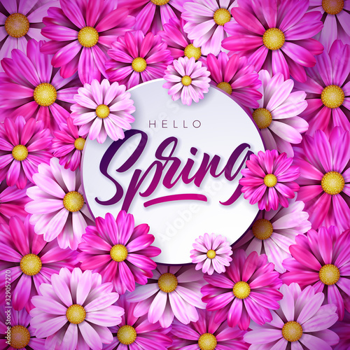 Vector Illustration on a Spring Nature Theme with Typography Letter on Colorful Flower Background. Floral Design Template with for Banner, Flyer, Invitation, Poster or Greeting Card.
