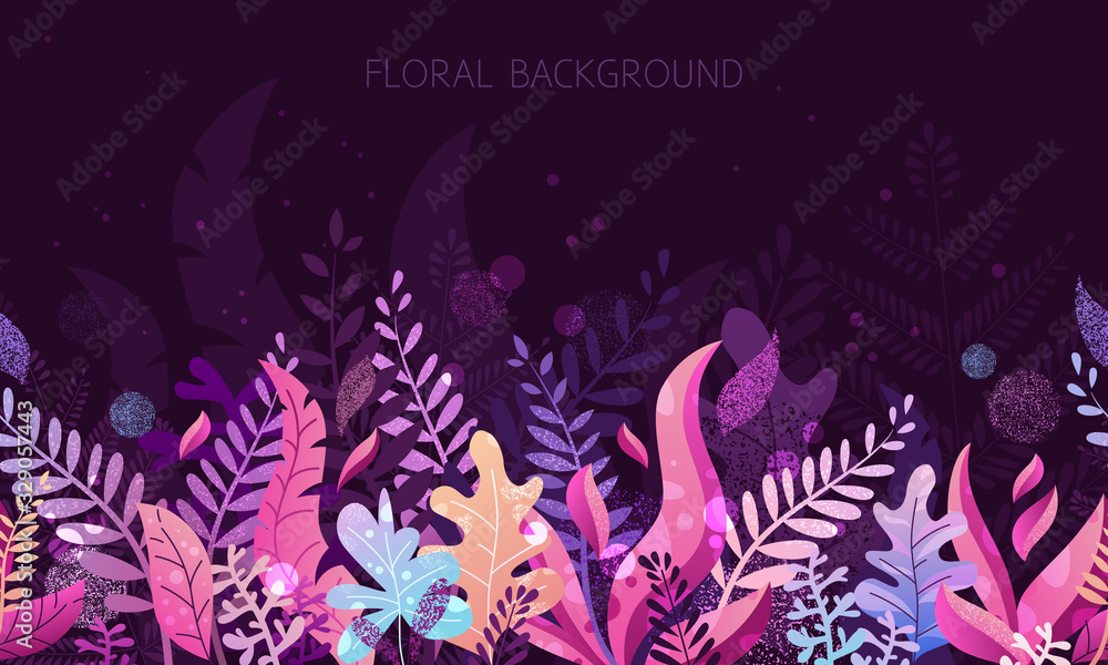 Trendy textured flat vector illustration with violet and pink vibrant bright gradient plants, leaves, flowers, branches. Floral and botanical modern background for posters, banners, invitation, cards.