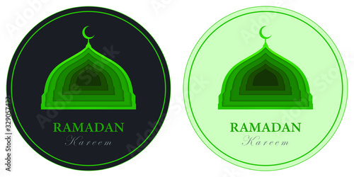 Ramadan Kareem round greeting badge. Islamic mosque and crescent dome icon in circles, on green and dark color background, with papercut technique.Isolated vector illusrtration.