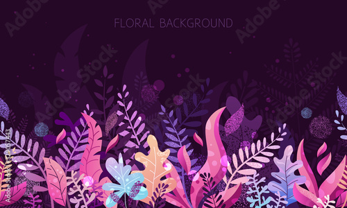 Trendy textured flat vector illustration with violet and pink vibrant bright gradient plants, leaves, flowers, branches. Floral and botanical modern background for posters, banners, invitation, cards.