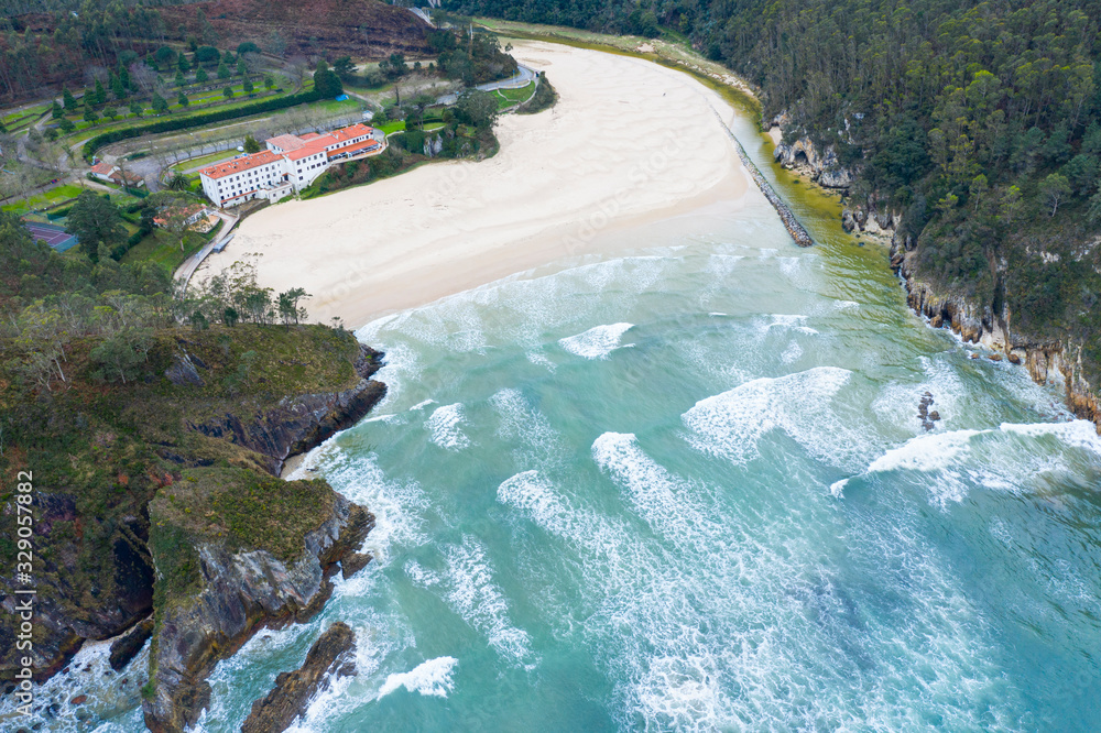 Aerial view of the coast around La Franca beach, Coastal landscape, Cantabrian Sea, Ribadedeva, Asturias, Spain, Europe