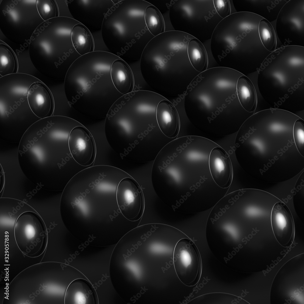 Array of black abstract spheres on dark background. Minimalism concept Array of black abstract spheres on dark background. Minimalism concept