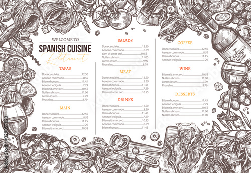 Vector sketch monochrome spanish cuisine dishes background. Design and template for menu with hand drawn illustration of meat, wine, jamon, vegetables, salads olive. Mediterranean food set