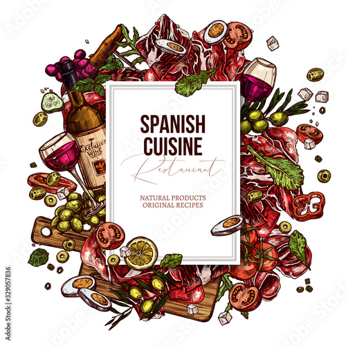 Vector sketch spanish food cuisine dishes background. Mediterranean menu. Colorful hand drawn illustration with meat, wine, jamon, vegetables, salads olive