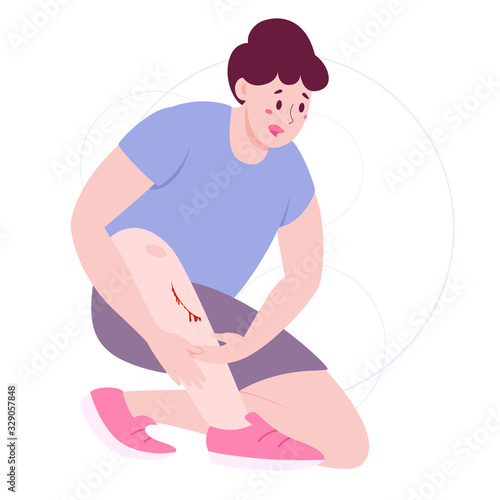 Man with bleeding wound on the knee. Deep scratch on his leg.