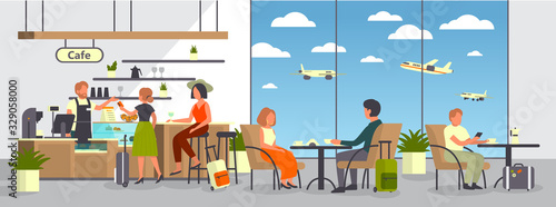Man and woman at airport cafe. Passenger with baggage eating at airplane