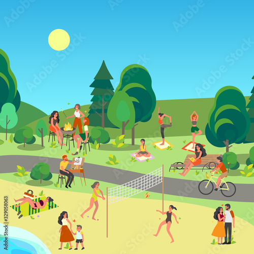 City park landscape. People enjoying being outside, doing sport