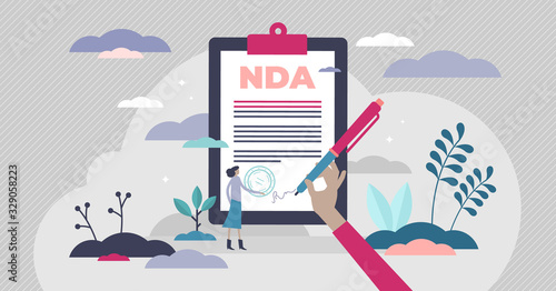 NDA non-disclosure document concept, flat tiny person vector illustration