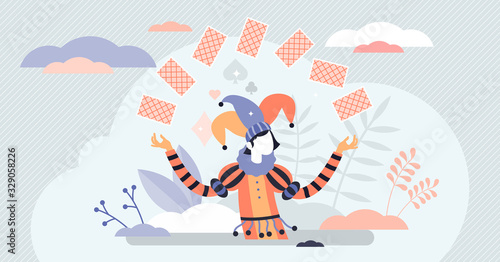 Jocker card game character concept, flat tiny person vector illustration