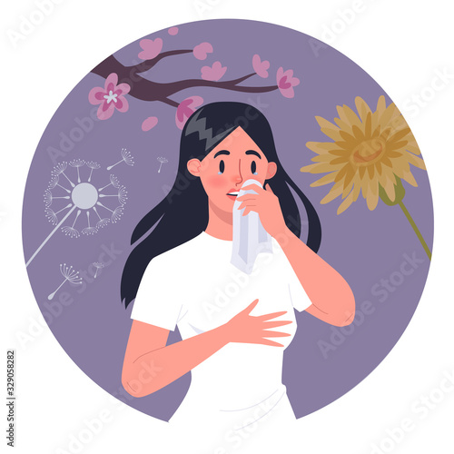 Woman with polen allergy. Runny nose and watery eyes. Seasonal