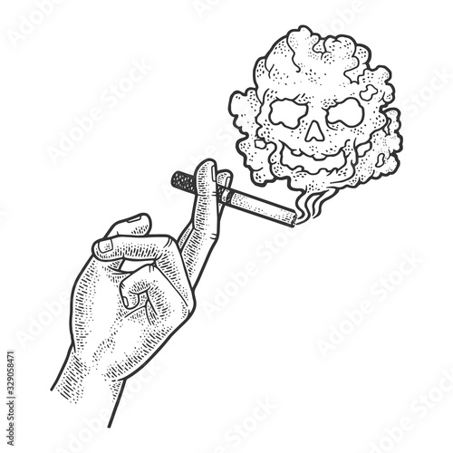 cigarette in hand and skull smoke sketch engraving vector illustration. T-shirt apparel print design. Scratch board imitation. Black and white hand drawn image.