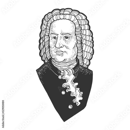 Johann Sebastian Bach portrait sketch engraving vector illustration. T-shirt apparel print design. Scratch board imitation. Black and white hand drawn image.