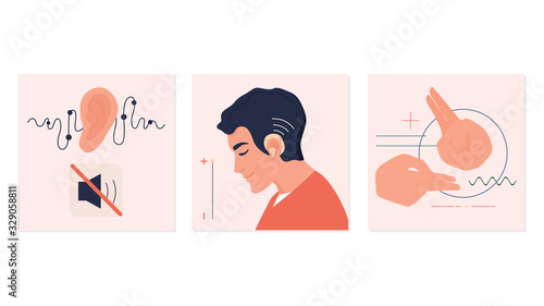 Young deaf man with hearing aid. Hearing disability concept. Sign