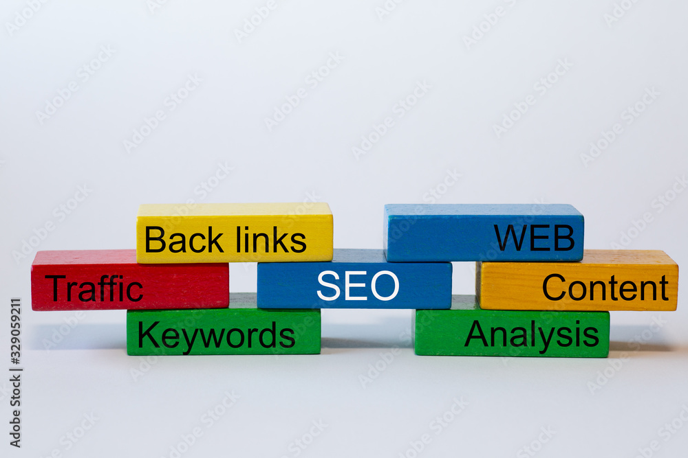 custom made wallpaper toronto digitalcolorful blocks with the words: SEO, WEB. Content, Analyses, Keywords, Traffic, Back links, are isolated against a white background with space for text