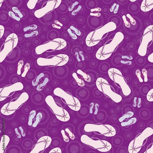 Flip flop shoe seamless vector pattern background. Pretty sandals with tropical flower decoration beach wedding backdrop. Purple and pink. All over print for vacation and honeymoon resort concept