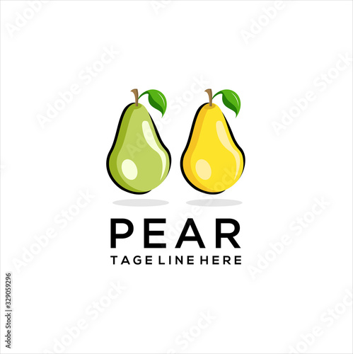 Green fresh pear fruit with leaf and caption Pears on white background for food market and healthy nutrition design