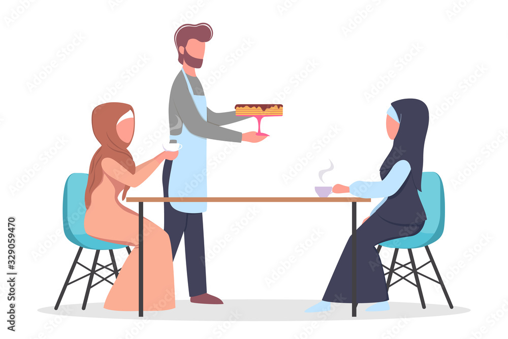 Female muslim characters in traditional clothes eating in cafe. Female muslim characters in traditional clothes eating in cafe.