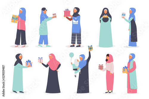Muslim woman holding gift box set. Arabian woman collection