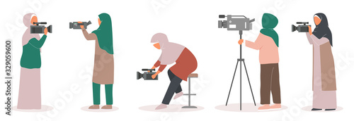 Muslim TV journalist camerawoman set. Character with camera