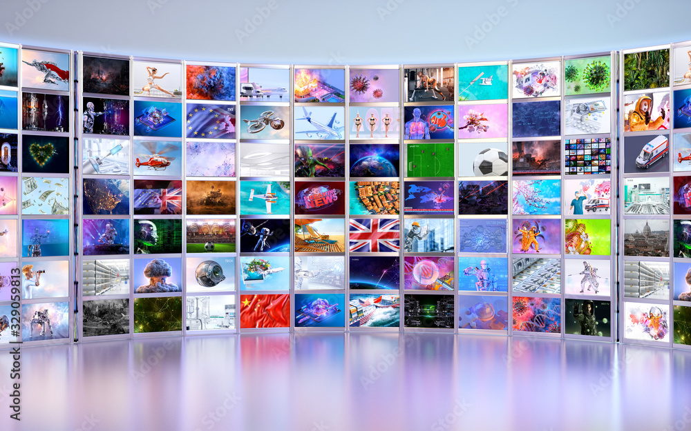 Curved video panels, image wall, TV media screens background. HDTV 4K television broadcast, video business multimedia production technology, consumer electronics, advertising presentation 3D concept Curved video panels, image wall, TV media screens background. HDTV 4K television broadcast, video business multimedia production technology, consumer electronics, advertising presentation 3D concept