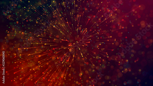 3d abstract beautiful background with light rays colorful glowing particles, depth of field, bokeh. Abstract explosion of multicolored shiny particles or light rays like laser show.
