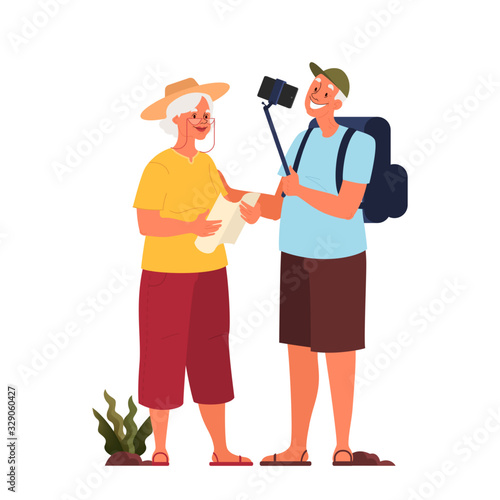Vector illustration of elderly tourist with luggage