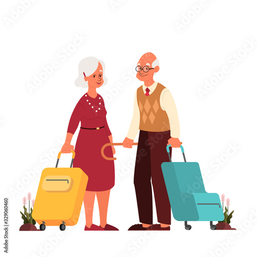 Vector illustration of elderly tourist with laggage and handbag.